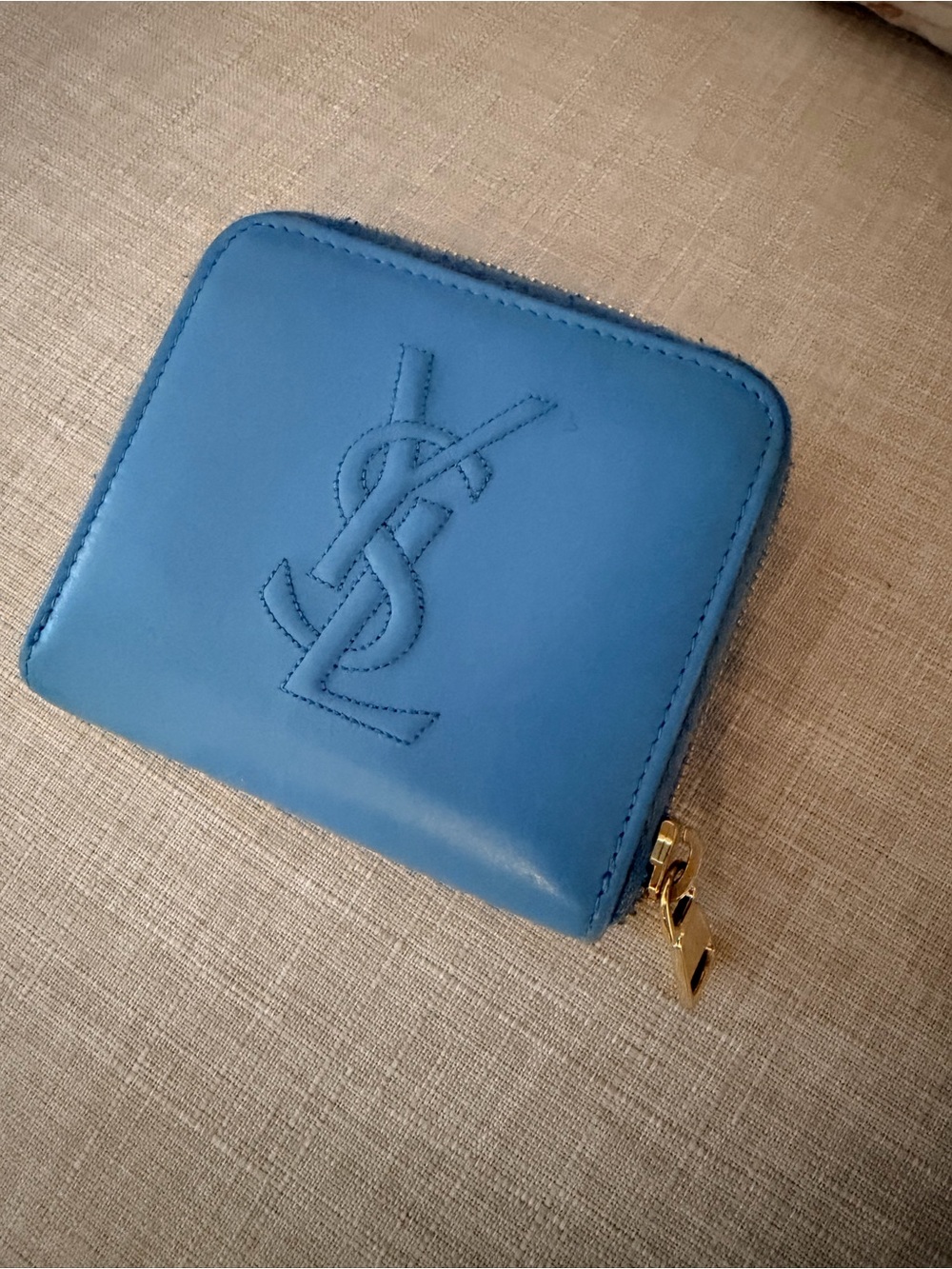 Authentic Saint Laurent Small Zip Wallet in Sky Blue Leather with Gold Hardware